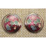 Beautiful Vintage Red & Gold Cloisonne Flower Butterfly Round Pierced Earrings Photo 3