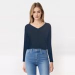 Aerie Offline by  Black Long Sleeve Ribbed Jersey Tee Women’s Small V-Neck Top Photo 1