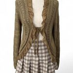 Angel Apparel Tan Crotchet Knit Cardigan with Ruffle Detail Photo 0