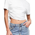 LIONESS Drawstring Crop Top Size Small Light Gray Crewneck Short Sleeve Tee NEW Photo 0