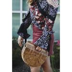 MOTHER OF PEARL 100% Silk Purple Floral Top Bell Sleeves Velvet Ties Top Size 4 Photo 2