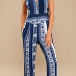 Free People  All Shook Up Blue Floral Combo Deep V One Piece Jumpsuit Photo 0