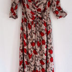 Hinge  Dress Womens Size Small Midi Cherry Red Floral‎ Feminine Peasant Romantic Photo 0