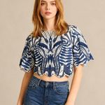 Farm Rio NWT  Linen Lace Nature Short-Sleeve Crop Wavy Blouse Size XS Blue Photo 0