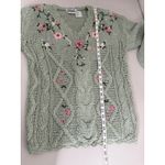 Vintage Women's Sage Green Chunky Hand Cable Knit Floral Embroidered Sweater M Size M Photo 5
