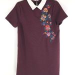 Mine Shirt Dress Mini Shift Embroidered Floral Collar Short Sleeve Burgundy M Red Size M Photo 0