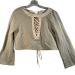 Endless Rose  Beige Ribbed Bell Sleeve Lace Up Front Cropped Sweatshirt Top M Photo 0