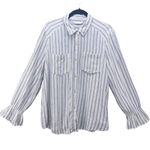 LC Lauren Conrad Womans Blouse Size Large Linen Striped Button Up Ruffle Cuff Photo 0