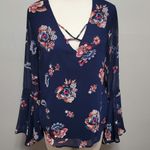 Heart soul Blue Floral Criss Cross Bell Sleeve Chiffon Blouse Size Large Photo 1