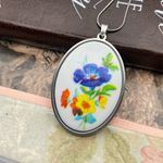 Vintage Floral Cameo Pendant Necklace | Large Oval Statement Blue Photo 1