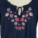 Aero Large Seriously Soft Top Keyhole Neck Flutter Sleeve Floral Embroidery Blue Photo 1