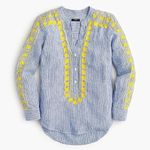 J.Crew Blue Striped 100% Linen Top with Yellow Embroidery Size Medium Photo 0