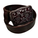 Gap Brown Leather Ladies Belt, Red Enameled Floral Buckle, Sz S Photo 4