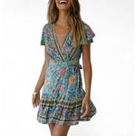 Zesica Dress Sz L Blue Floral Wrap Sundress Boho VNeck Flutter Sleeves Feminine Size L Photo 11