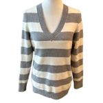 Gap Wool Grey White Striped V-Neck Long Sleeve Sweater Winter Fall Size Large Photo 0
