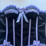 Top Drawer Steel Boned Black Satin Overbust Corset w Lavender trim & bow, 5XL🖤 Size 5X Photo 1