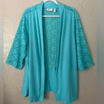 DENIM & CO Plus Size 2X Cardigan Top Aqua Blue 3/4 Sleeves Stretch Knit Lace Photo 0