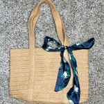 Draper James Everyday Straw Shoulder Bag Purse Navy Floral Scarf Woven Tan Brown Photo 0