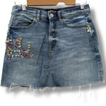 EXPRESS  Y2K Rhinestone Bedazzled Raw‎ Hem Medium Wash Denim Mini Skirt Sz 4 Photo 0