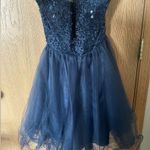 Sean Collection Strapless Sweetheart Cut Crystal Short Ruffle Homecoming Dress Photo 4