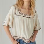 Lucky Brand  Women's Embroidered Cream Boho Top Size Medium Photo 0