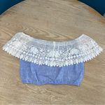 Miguelina Dakota Chambray Lace Crochet Off The Shoulder Crop Top Blue Size Small Photo 3