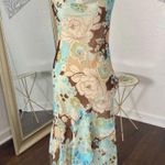 B. Smart Early 2000's Tan Cream Teal Blue Frilly Ruffle Asymmetric Midi Dress S Photo 0