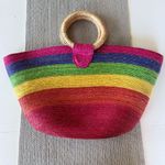 Vintage Pink Rainbow Striped Extra Large Raffia Straw Basket Bag Beach Travel Photo 1