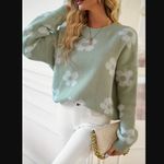 NEW Green Crew Neck Flower Jacquard Pullover Sweater in Matcha with Rib Photo 3