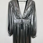 Gianni Bini Zella Metallic Plunging Long Sleeve Gown Slit Silver Formal US 2 NWT Photo 7
