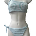 Womens One Shoulder Bikini Swimsuit Turquoise White Stripe Tie Size Large Preppy Photo 0