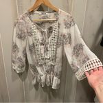 Daniel Rainn Cute creamy floral sheer crochet trim elastic waist tie neck boho blouse Photo 6