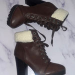 Bamboo Brown High Heel Ankle Boots with Faux Fur Cream Cuff By  8.5 Photo 0