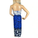 AQUA Blue Navy Floral Long Strapless Boho Slit Maxi Dress Smocked Size XS Photo 4