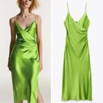 ZARA NWT Bright Green Satin Slip Midi Dress Sz XL Drapey Wrap Side Slit Photo 5