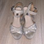 Not Rated  NRWED beige silver sequined open toe wedges Photo 1