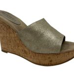 70 Post Paris Lainie Gold Leather Wedge Size 8.5 Open Toe Cork Heel Photo 8