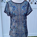White House | Black Market Black Mesh and Blue Floral Embroidered Short Sleeve Top Photo 8