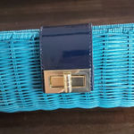 J.Crew  Turquoise Wicker Clutch with Gold Buckle & Black Leather Strap Photo 0