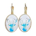 Deer Buck Oval Glass Drop Earrings 1” Gold Woodland Forestcore Nature Rustic Blue Photo 0