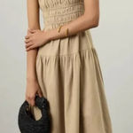 We Wore What Dress Womens Large Tan Scrunchie Linen Smocked Bodice Midi Sundress Photo 0