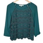 Loft  hunter green lace overlay crochet mix media long sleeve dressy top xs Photo 0