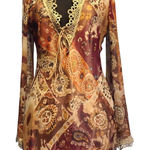 Cache  Gold Silk Shimmer Lined Embellished Peasant Boho Lace Up Top New $138 NWT Photo 0