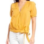 Lucky Brand  Women's Yellow Cotton Wrap Top Puff‎ Sleeves Tie Waist - M NWOT Photo 2