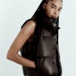 ZARA  Faux Leather Puffer Gilet Vest Dark Brown Size XS NEW Photo 4