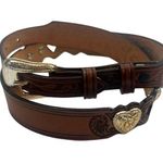 Nocona belt company leather tooled belt metal hearts sz 32 Brown Photo 0