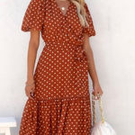 VICI  Wrap Midi Dress Rust Brown Polka Dot Ruffle Hem‎ Short Sleeve Women's Photo 0