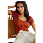 Free People  Burnt Orange Ruched Gathered Sleeves Squareneck Bodysuit Size XS Photo 0