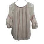 Elena Baldi Italy‎ 100% Silk Peasant Top Crochet Trim Bell Sleeve Blouse Size Lg Tan Photo 2