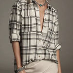 Anthropologie Women's  Plaid Button Down Shirt Plus Size 14 White Black Photo 0